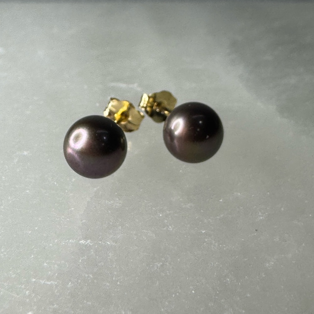 14K Solid Gold 6.7MM Chocolate Cultured Pearl Solitaire Stud Earrings 1g